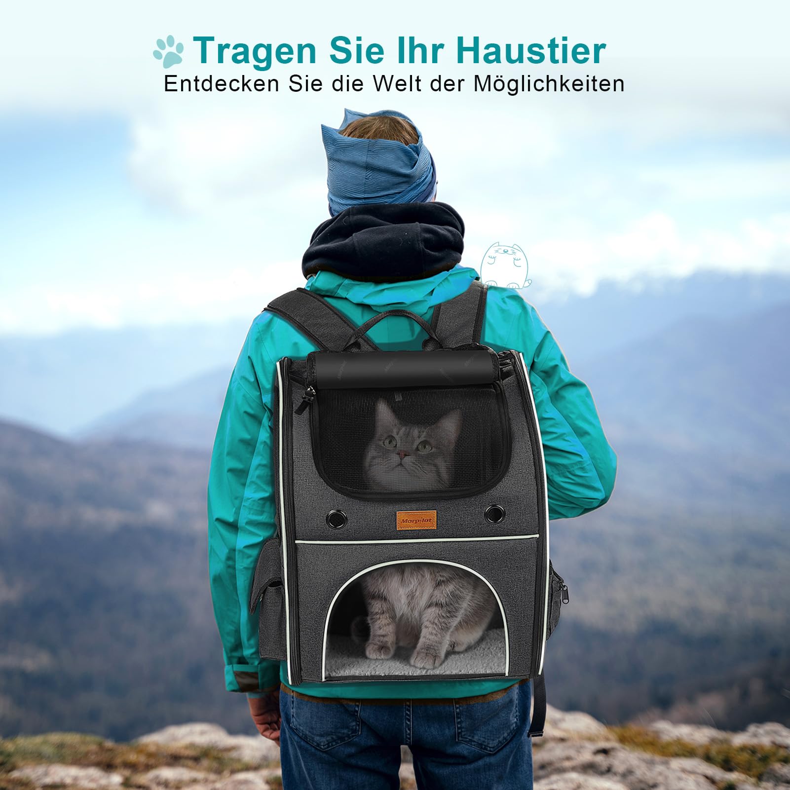 Morpilot Katzenrucksack Große Katzen, Erweiterbar Hunderucksack bis 8 kg Katzen Rucksack Groß für Kleine Hunde Faltbare mit Innerer Sicherheitsleine und Haustiermatte 35x29x42cm, Dunkelgrau