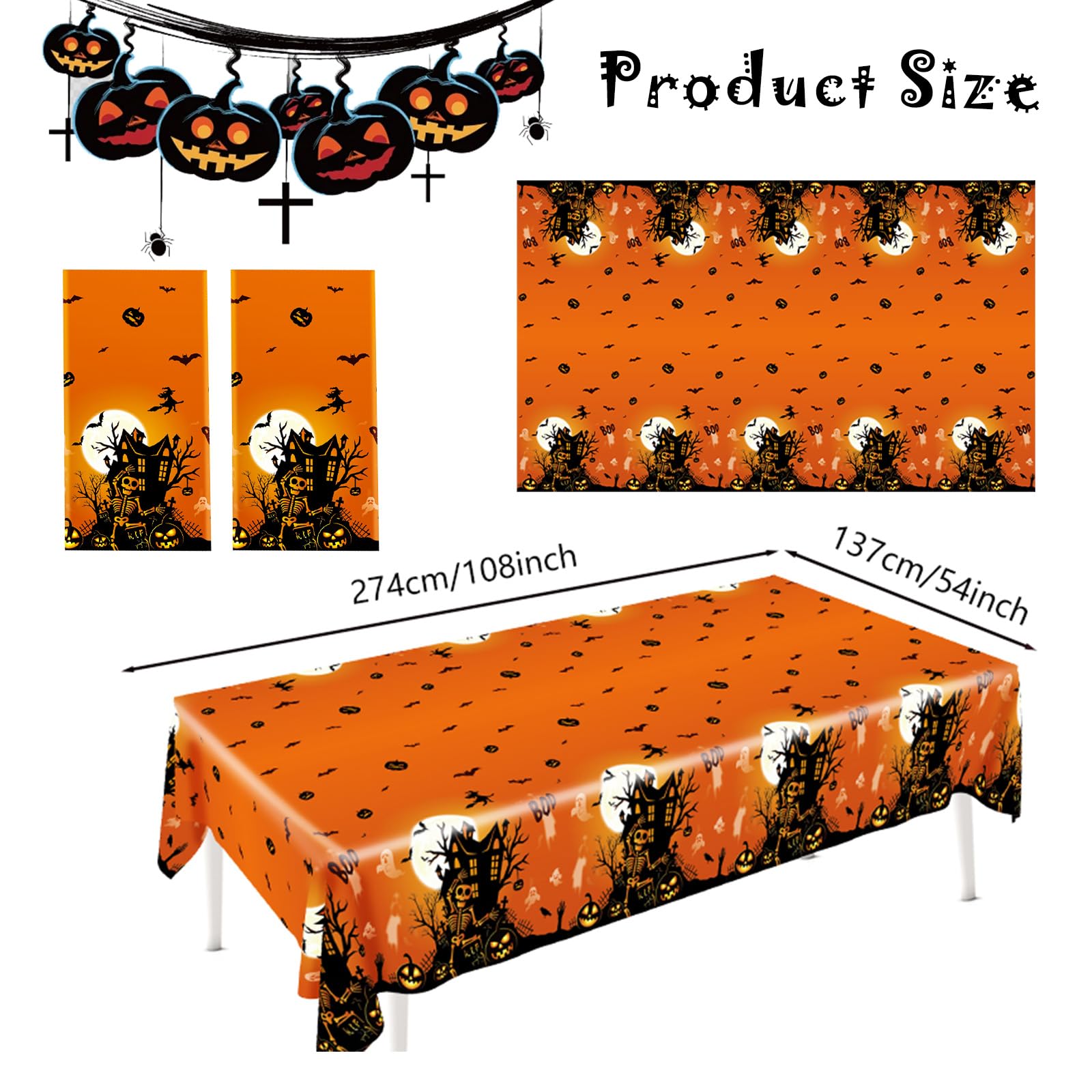 2 Pack Halloween Table Cloth Party,137x274cm Rectangle Large Plastic Orange Tablecloth Skeleton Party Tableware Decor,Halloween Tablecovers Party for Winter Holiday Halloween Party Dinner Table Cloths - Image 2