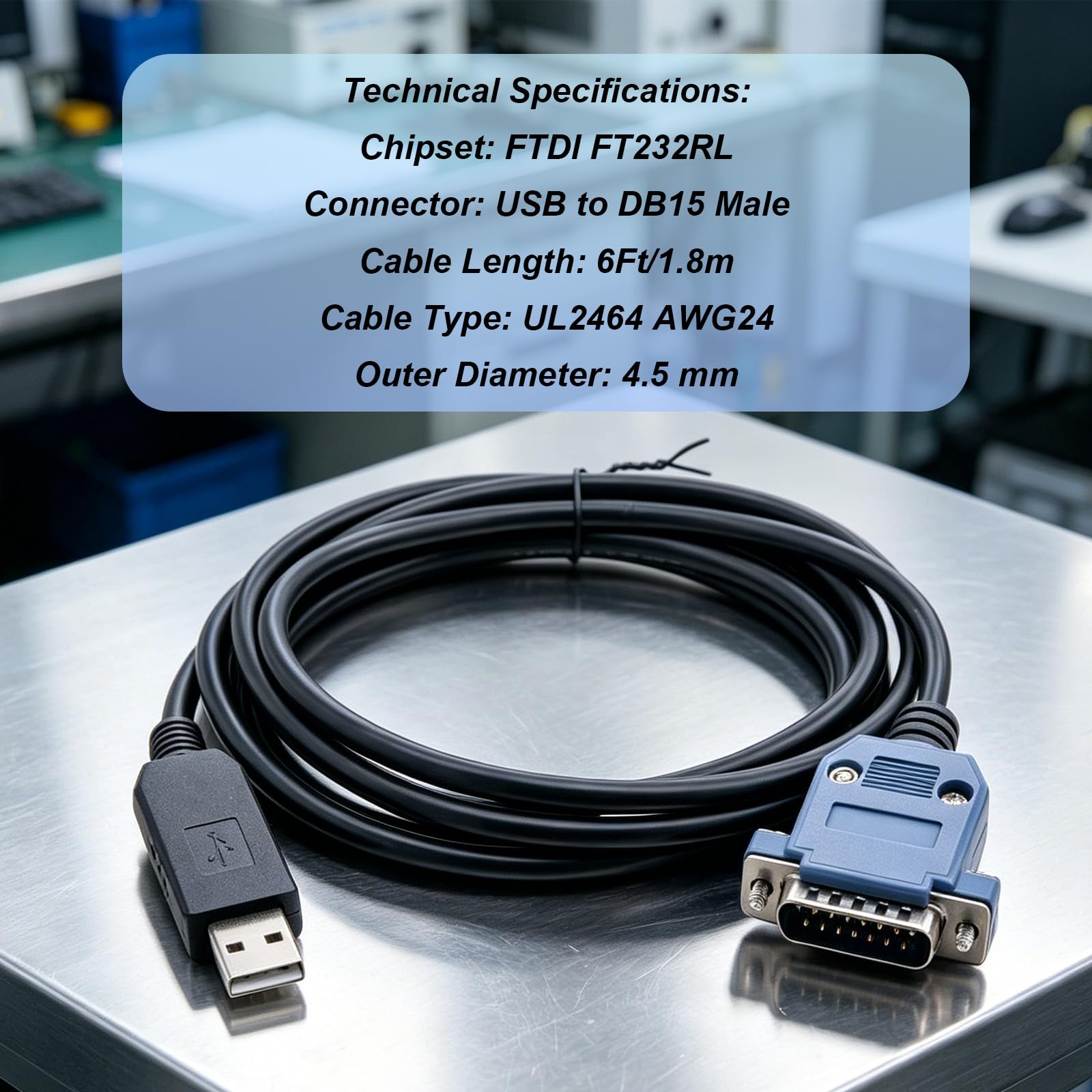 FT232RL - Cable adaptador serie USB a DB15 de 1,8 m, cable de programación RS232 macho de 15 pines para servovariadores YOKOGAWA, automatización industrial