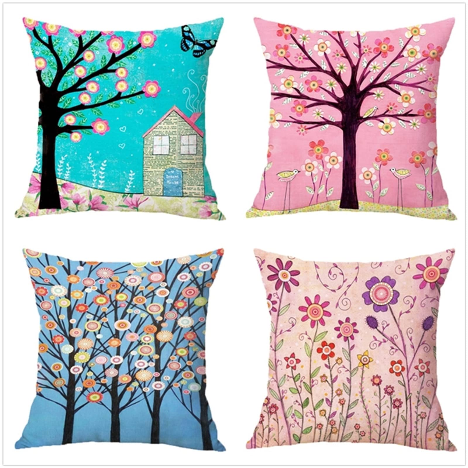 Set di 4 Federe Cuscini Divano Poliestere Biancheria Peluche Corto Gettare Impermeabili Decorativo Caso Federa per Cuscino Divano Auto Esterno Giardino Home Decor （55x55cm/Albero Dipinto）
