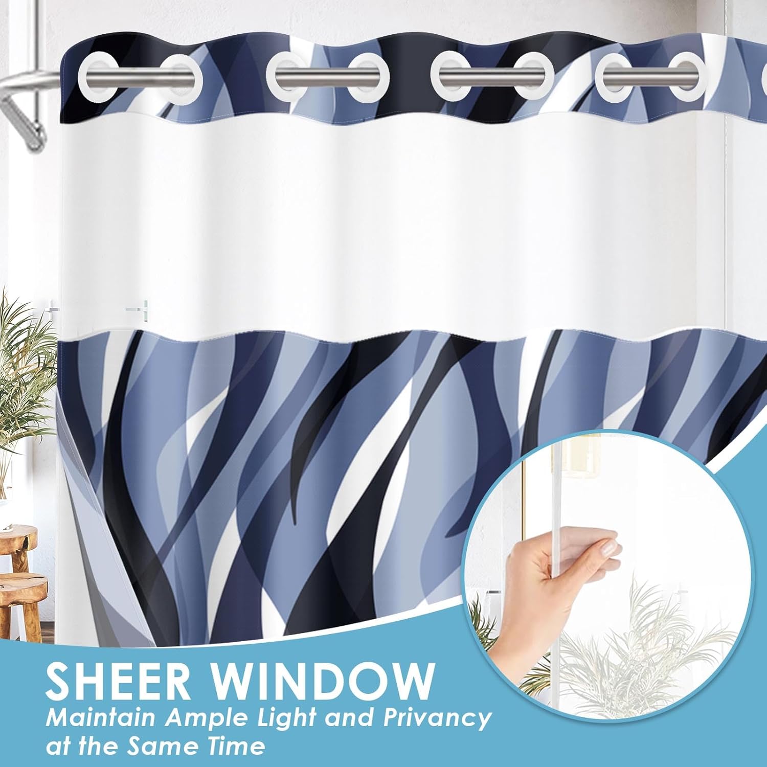 No Hook Blue Shower Curtain with Snap in Fabric Liner Set, Modern Abstract Striped Double Layers Waterproof Fabric with See Through Top Window Open Grommet Bath Curtain 71x74 Inch