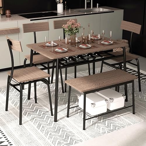 Dining Table Set for 6 with Chairs, Kitchen Table with Bench, Industrial Wooden Dinette Set for Small Spaces, Breakfast, Restaurant, Brown