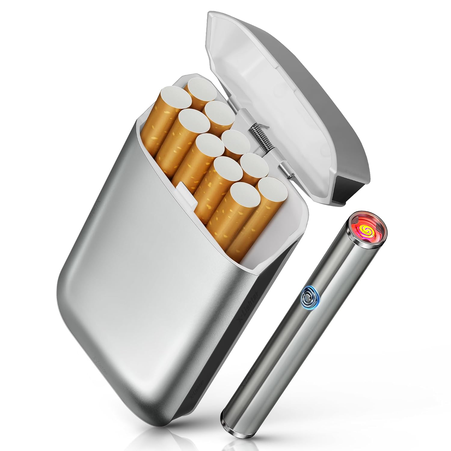 x-lighter XL606 Cigarette Case for 100s King Size, with Electric Rechargeable Lighter, Smell-Proof, Gift for Women & Men