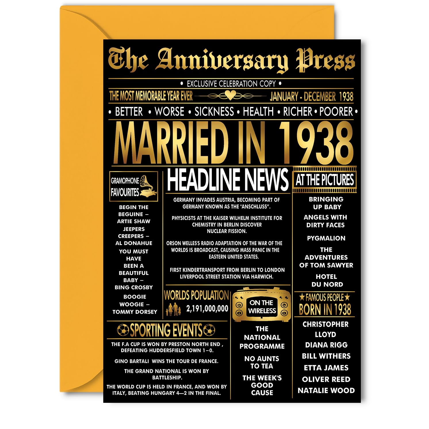 Gold 88th Anniversary Card for Women Men - Golden Newspaper Married in 1938-88 Year Wedding Anniversary Card for Companion Husband Partner Wife, 5x7 Inch Anniversaries Greeting Cards