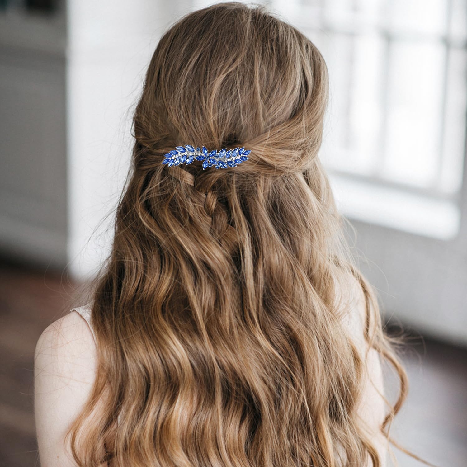 Austrian Crystal Bridal Hair Barrettes, Rhinestones Vintage Hair Clips, Sparkly Glitter Crystal Hairgrip Wedding Hair Headwear Accessories for Women Girls (Blue-a)