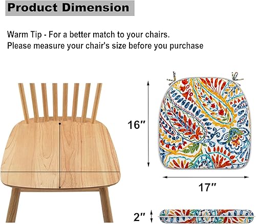 Miniatura 3 de Juego de 2 cojines para sillas de exterior con lazos, almohadillas repelentes al agua para sillas de patio de 17 x 16 pulgadas para muebles de