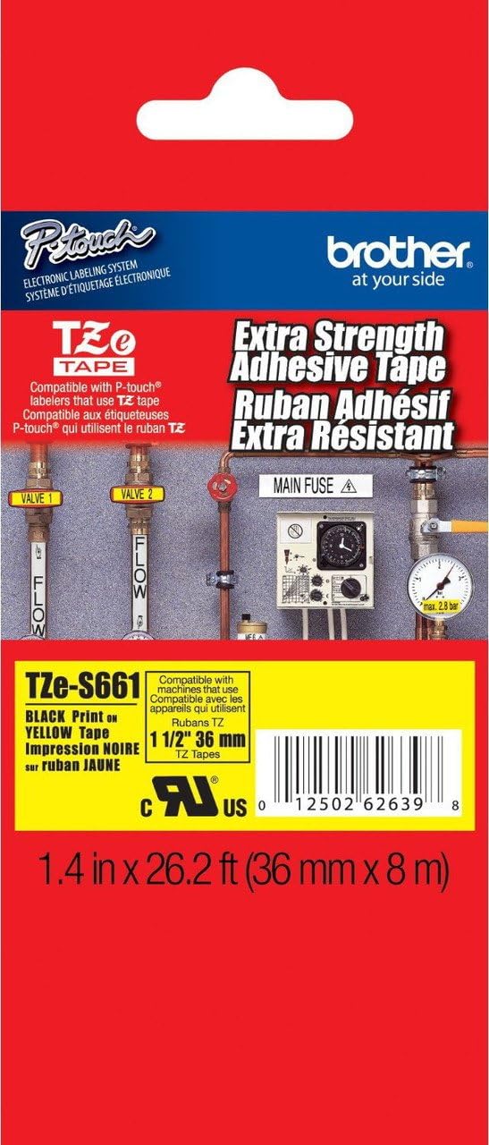 Brother 1-1/2" (36mm) Black Print on Yellow Extra Strength Adhesive P-Touch Tape for Brother PT-530, PT530 Label Maker