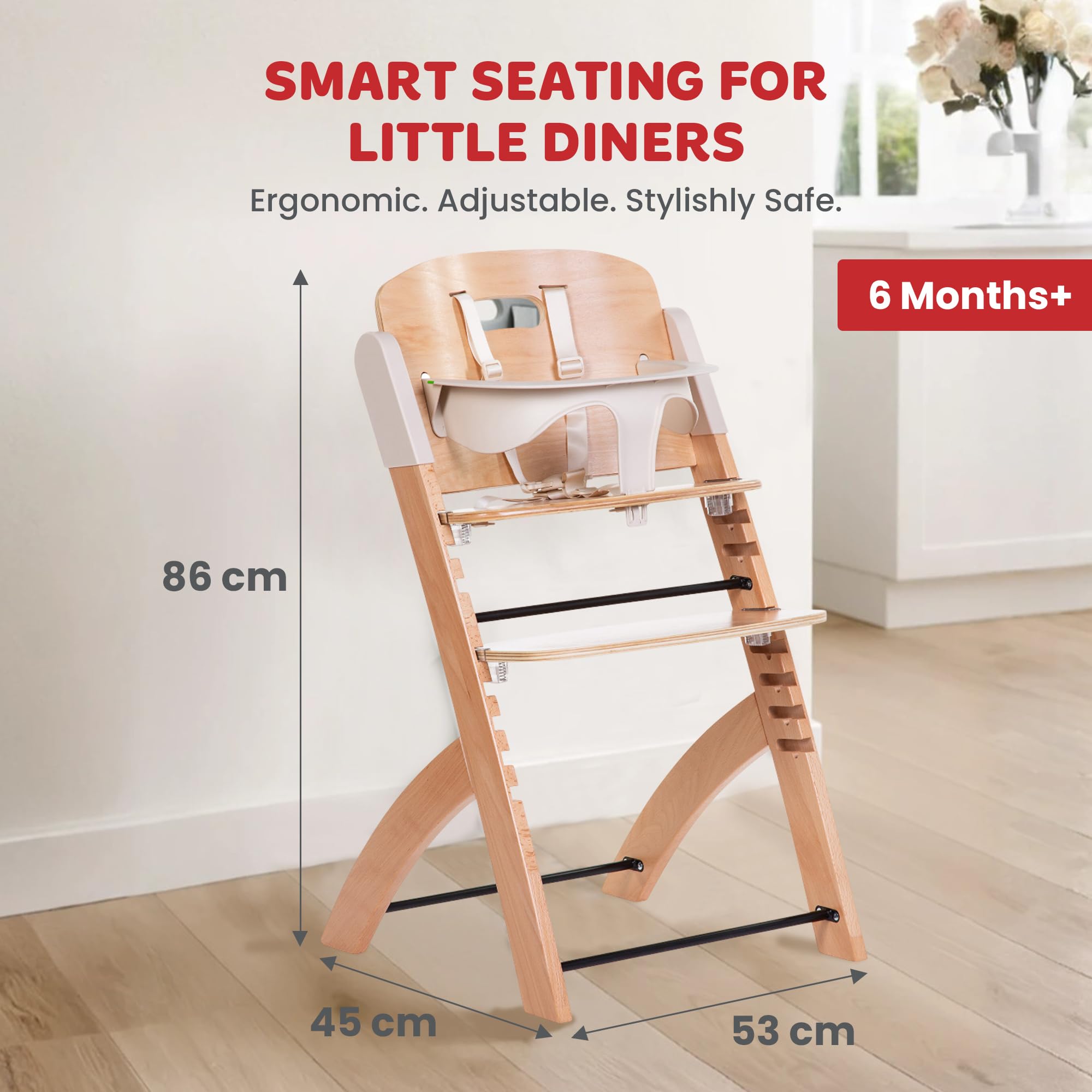 CHILDHOME Chaise Haute Évolutive Evosit – Dès La Naissance Jusqu'à 85 Kg – Bois De Hêtre Naturel – Harnais 5 Points, Arceau & Tablette Inclus – Beige Naturel