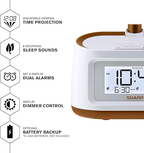 Miniatura 3 de SHARP Reloj despertador LCD y de proyección con 8 sonidos relajantes de sueño natural  Proyecta en pared o techo, negro con ribete de bronce