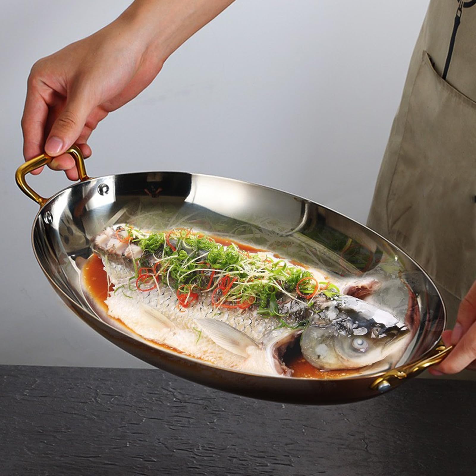 Ovale spanische Pfanne mit Doppelgriff aus Edelstahl, Antihaftbeschichtung, unbeschichtet, Topf für Meeresfrüchte, heißer Kochtopf für Zuhause, Silber, 30 cm (Silber, 35 cm)
