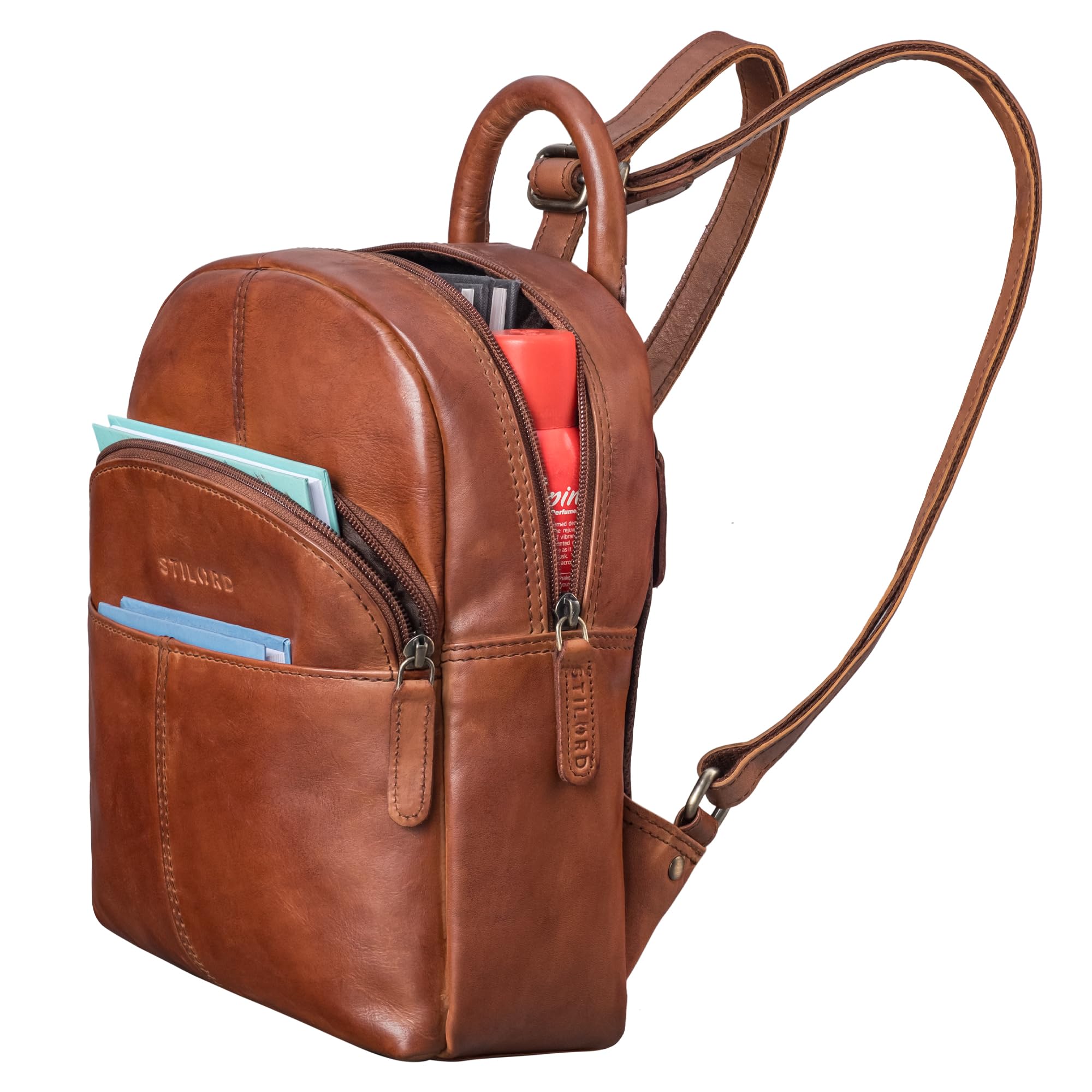 STILORD Elva Mochila Mujer Casual Pequeña de Piel Autentica - Ideale como Mochilas de Viaje Elegante - Bolsa Mochila Cuero Antirrobo con Muchos Compartimentos Color:Brandy - coñac
