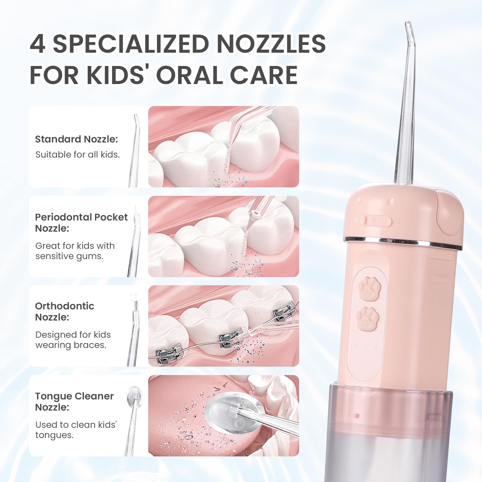 Hydropulseur pour enfants avec 4 embouts de jet étanche, nettoyage en profondeur, rechargeable pour soins des dents