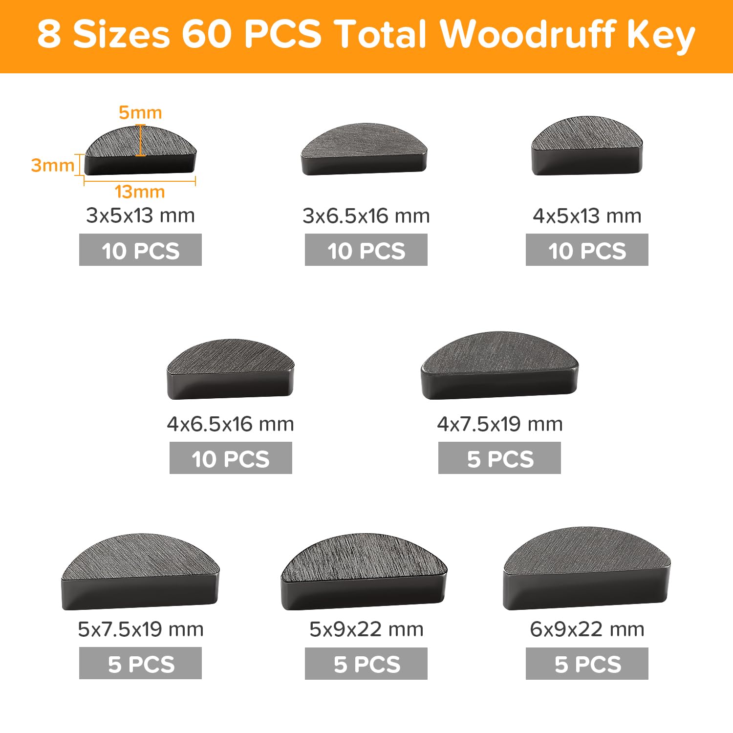 Lyeteung 60 PCS 8 Sizes 3-4-5-6 mm Woodruff Key Assortment Kit, Carbon Steel Woodruff-Key, Feather Key Assortment - Image 2