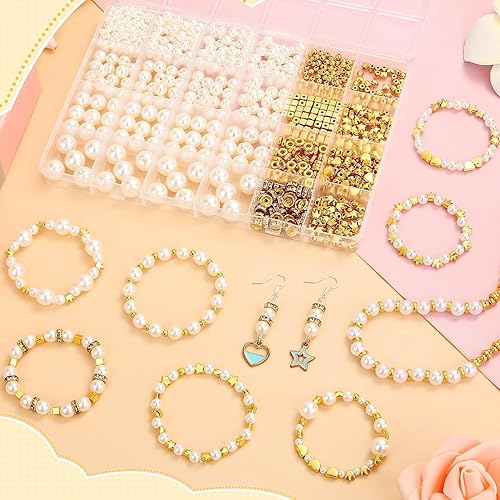 Coujaytie Kit de fabricación de joyas de perlas 970 cuentas de perlas beige con accesorios para pulseras, collares, aretes y manualidades,
