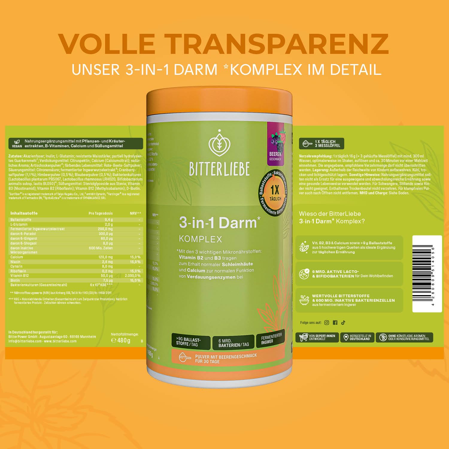BitterLiebe - 3in1 Darm Komplex - Darmkur Pulver mit 9g Ballaststoffe & 6 Mrd. Darmbakterien - Darmflora aufbauen *, Darmgesundheit * - L Glutamin, Akazienfaser, Inulin und Verdauungsenzyme