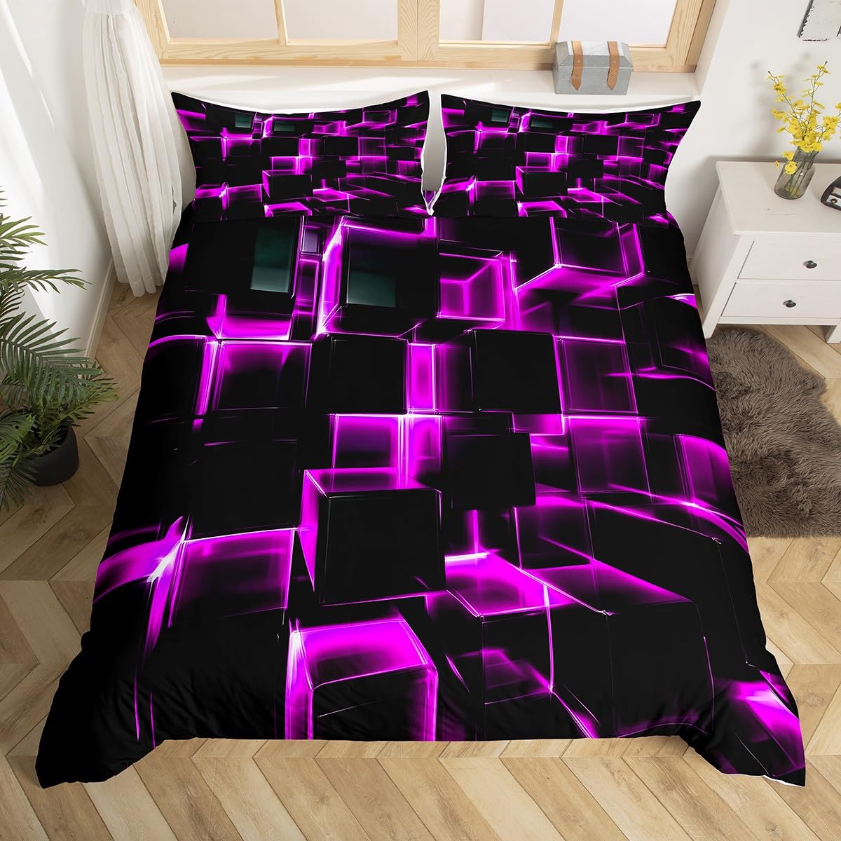 Homewish Purple Black Geometric Duvet Cover Super King 3D Stereoscopic Square Bedding Sets, Glowing Neon Squares Bed Cover 3 Piece Gradient Grid Plaid Bed Set (No Comforter) โ image 1