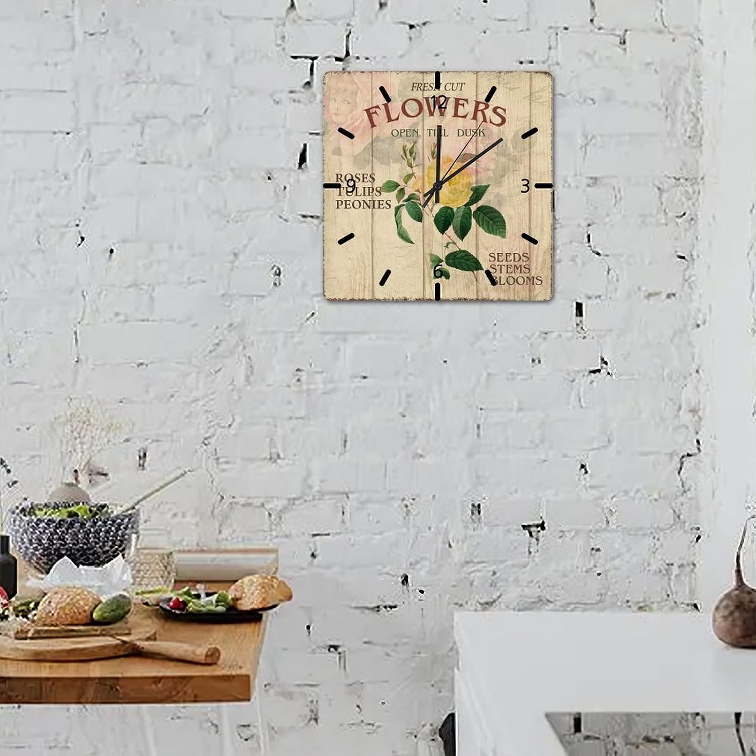 Fresh Cut Rose Wooden Wall Clock 15in French Flowers Wall Clock Country Style Silent Sweep Movement Battery Operated Valentine's Day Gift Home Accessories for Kitchen Bathroom Condo Motorhomes image 3