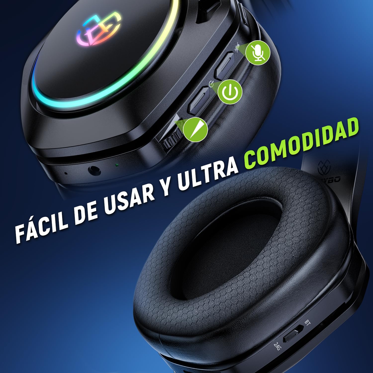 Tatybo Cascos Gaming Inalámbricos para PC/Ps5/Ps4, Auriculares Gaming Inalámbricos con 2,4 GHz+Bluetooth 5,3 Modo Dual, 7.1 Sonido Envolvente, Duración 40Hr+