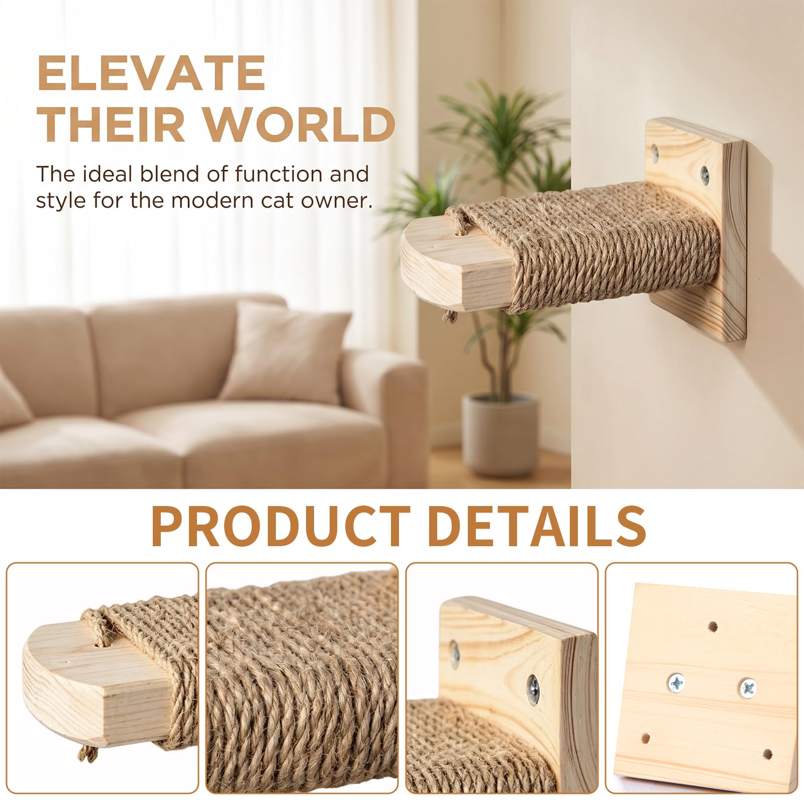 Katzentreppe Wand 4pcs 20CM Lang Natur Holz mit Juteseil Tragfähigkeit 35kg | DIY Kletterwand Katzen aus Holz Wandmontage Kletterwand Wandliege aus Massives für Katze Klettern Spielen Massives Gummiholz