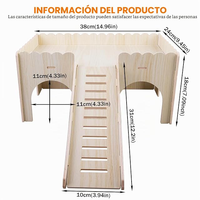Foto 2 de 7 de GOEDCH Casa grande para cobayas con rampa 4 entradas: casa de hámster de madera, accesorios para chinchilla