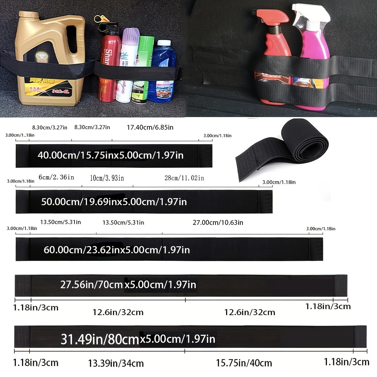 Cinturino Regolabile per Bagagliaio con Nastro Magico a Velcro, Multi-Lunghezza 40/50/60/70/80 cm per Fissare Bottiglie, Utensili e Spesa, 60 CM - 4