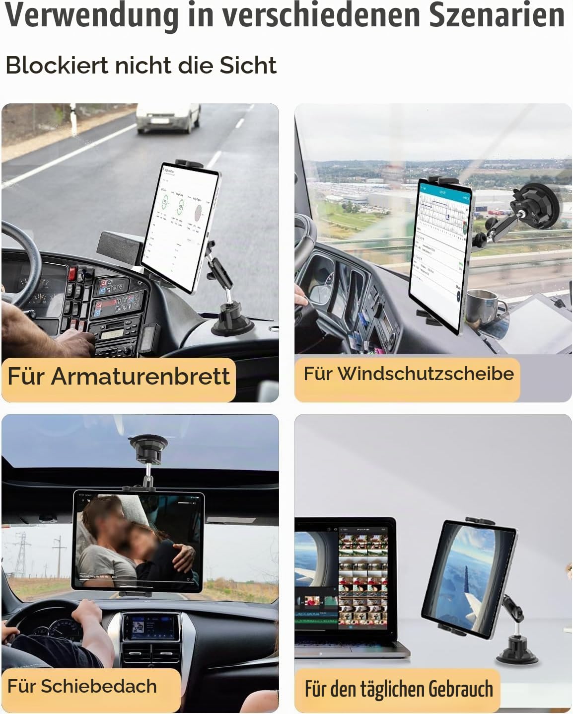 Schwerlast Saugnapf Halter Tablet Halterung Auto - [Doppelt Metall Kugelkopf], PKW/LKW Armaturenbrett Saugnapf Tablethalter Auto, für 4-12,9 Zoll Handy & Tablet, iPad Pro/Air/Mini, iPhone usw