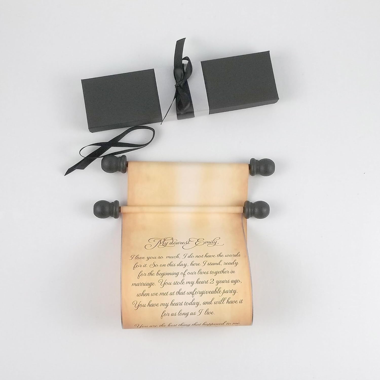 Aged vintage style personalized letter scroll with gift box, 5x13 paper (Black accent color)
