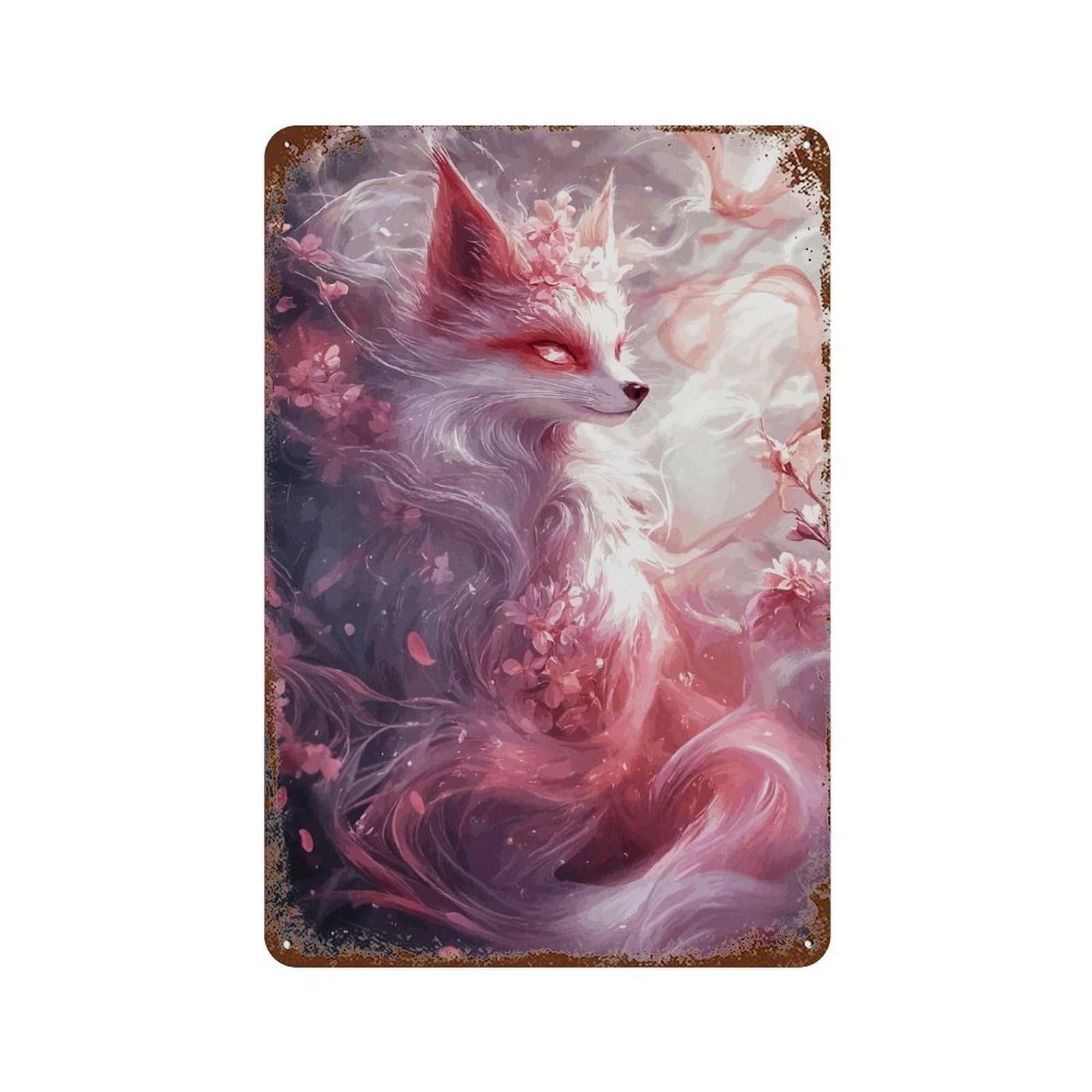 Mystical Fox with Cherry Blossoms Retro Metal Sign 11.8"x7.9", Old School Wall Decor for Garage, Bar And Workshop Decor