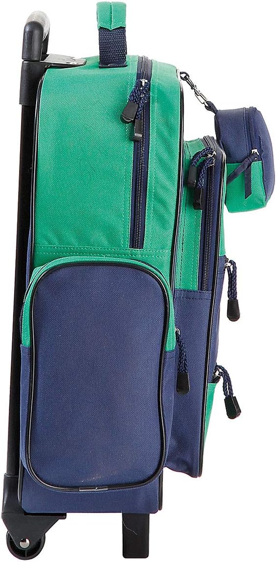 Lillian Vernon Personalized Rolling Luggage for Kids, 5-Pocket Navy & Green Design Suitcase Set With Clip-On Pouch, Customizable Boys Travel Carrier on Wheels, 5W x 12" L x 20”H