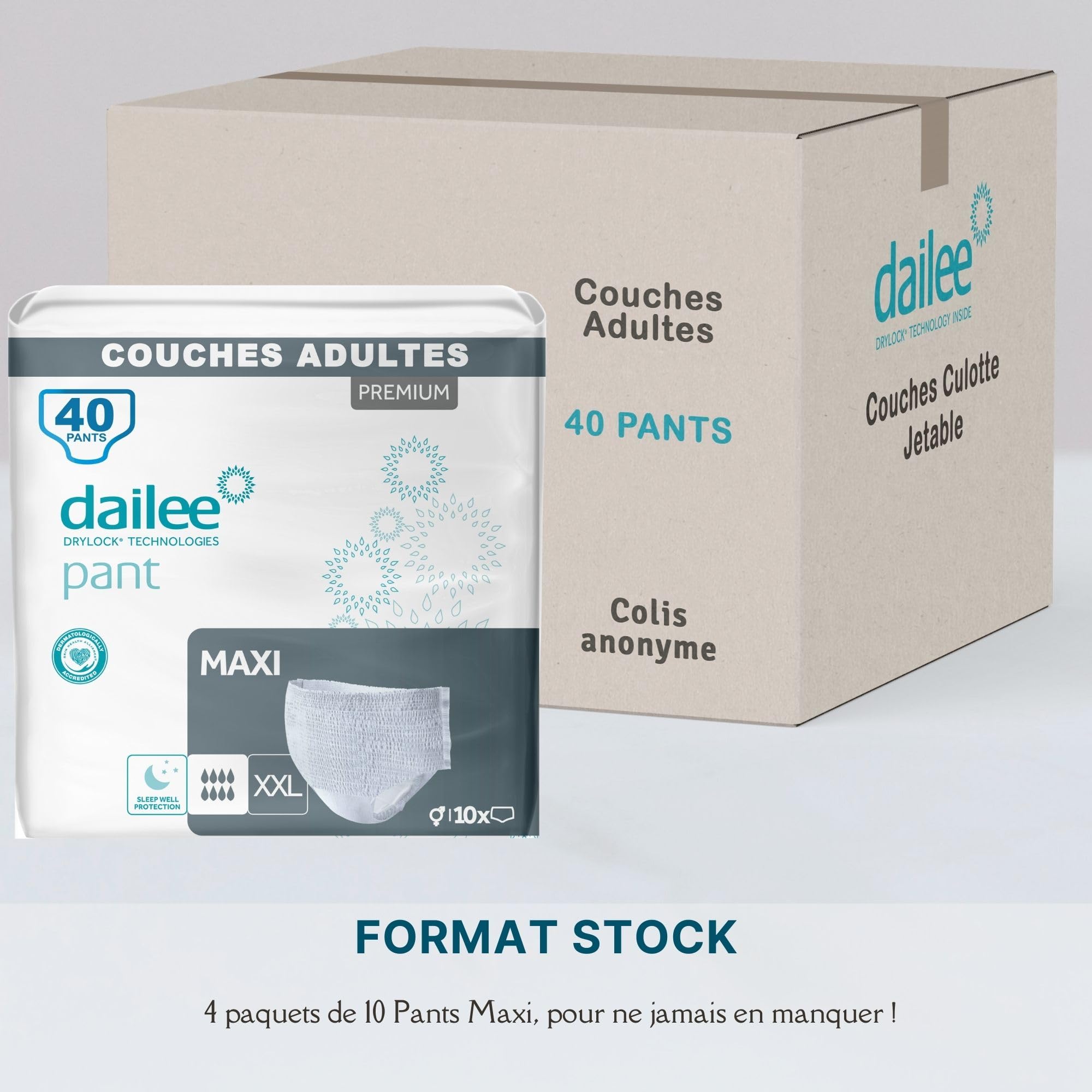 Dailee Pants Maxi XXL - 40x Couches Adultes, Couche Culotte Incontinence Femme et Homme - 4 Paquets de 10 Slip Incontinence, Culotte Jetable