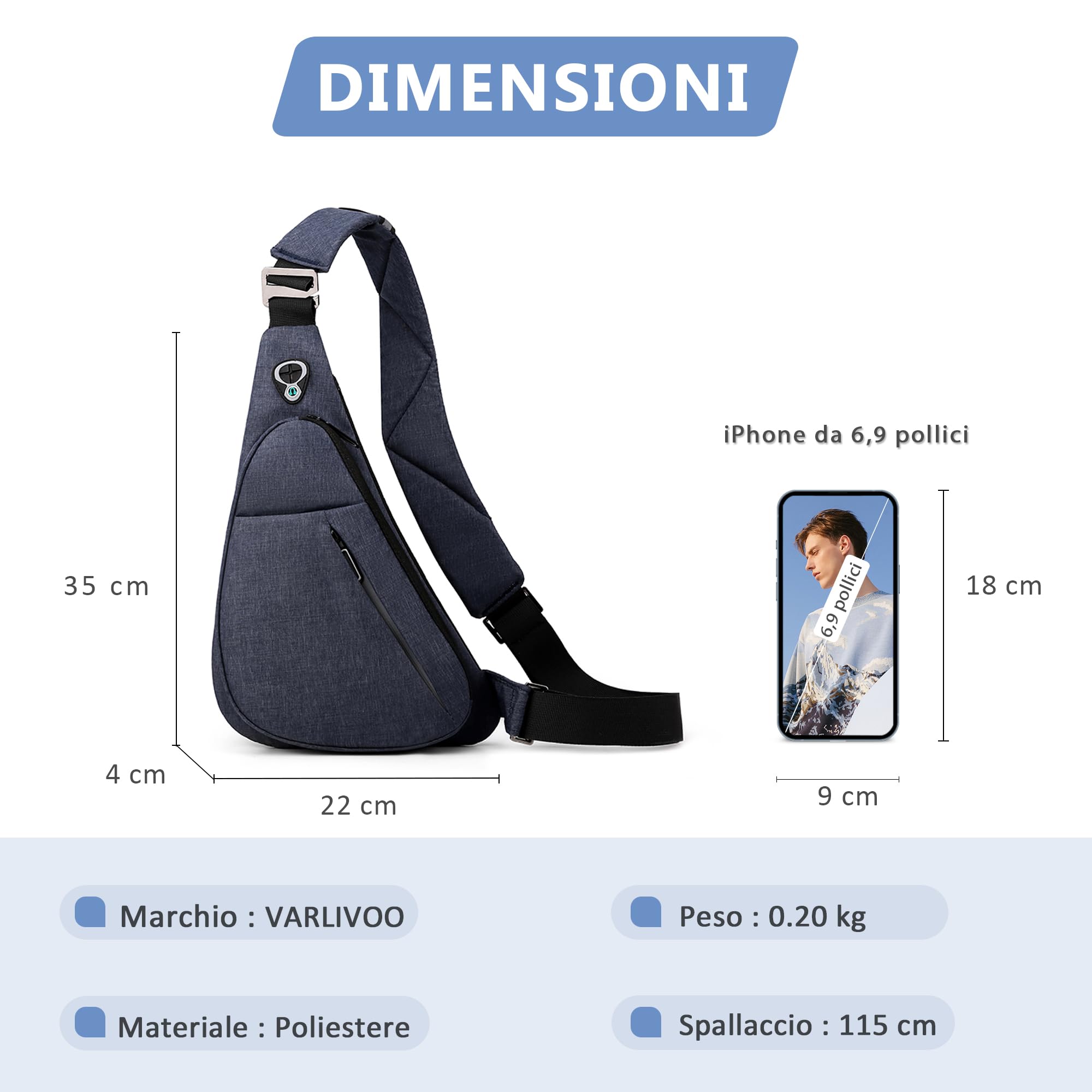 VARLIVOO Zaino Monospalla da Uomo Sling Bag Borse a Spalla Borsa a Tracolla Viaggio Escursionismo Ciclismo Impermeabile Poliestere Blu B
