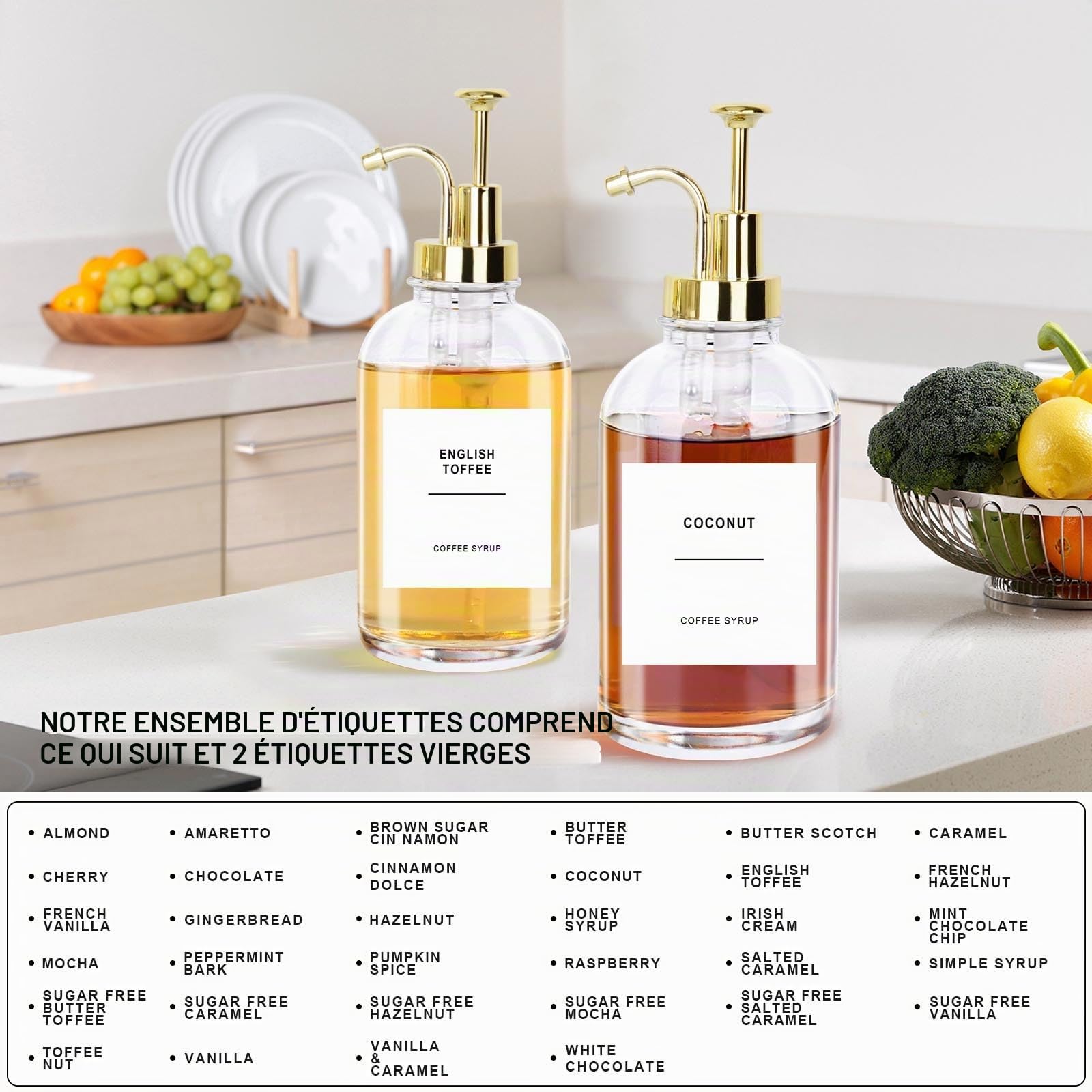 Lot de 2 distributeurs de sirop de café en verre de 500 ml, distributeur de miel avec 36 étiquettes étanches et entonnoir et pompe pour accessoires de cuisine, café, bar (doré)