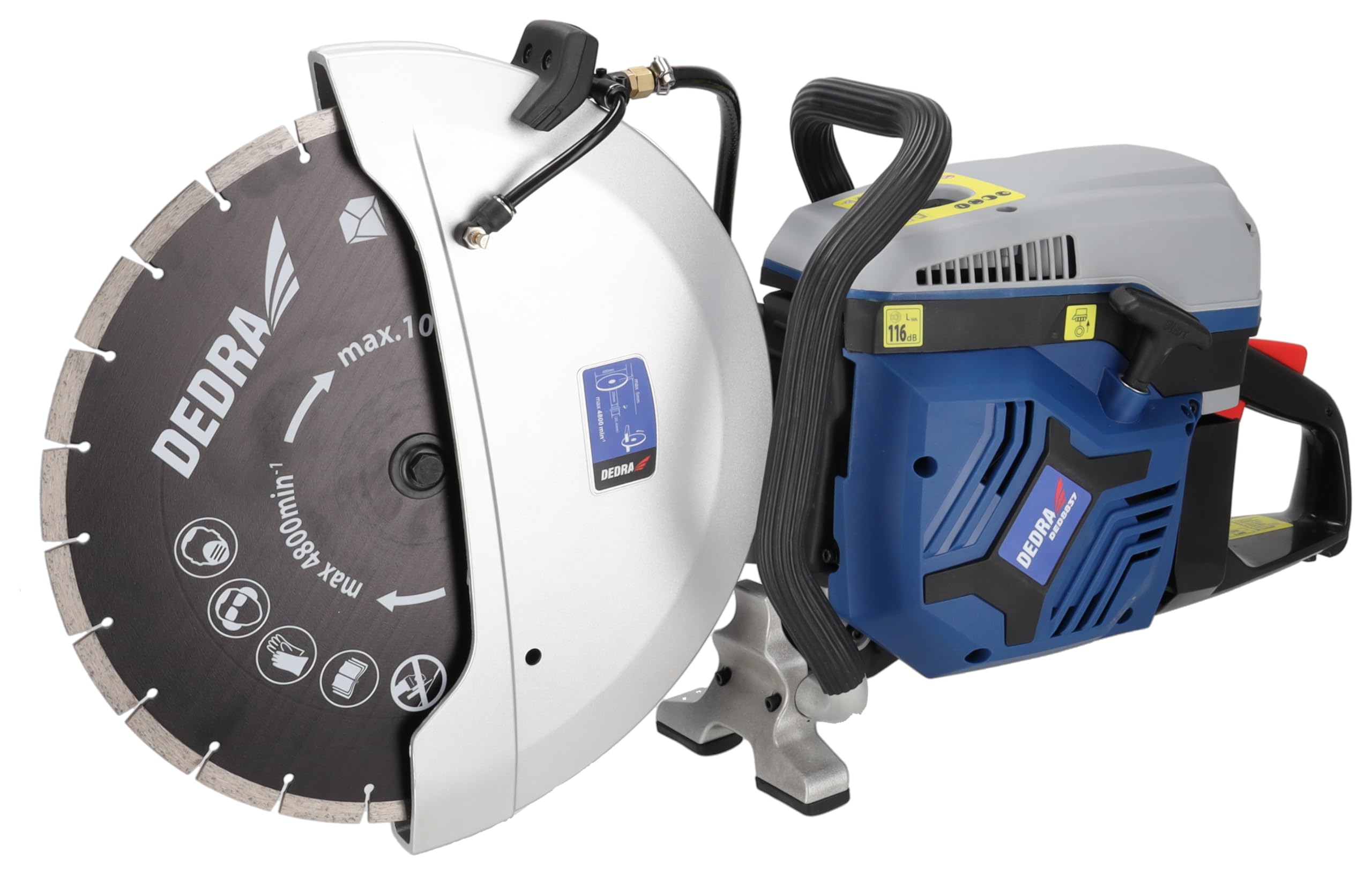 Dedra DED8837 - Cortadora de hormigón y acero de gasolina (400 mm, 4,8 kW, motor de dos tiempos, válvula de alivio, filtro de aire doble, refrigeración por agua, refrigeración por aire y protección