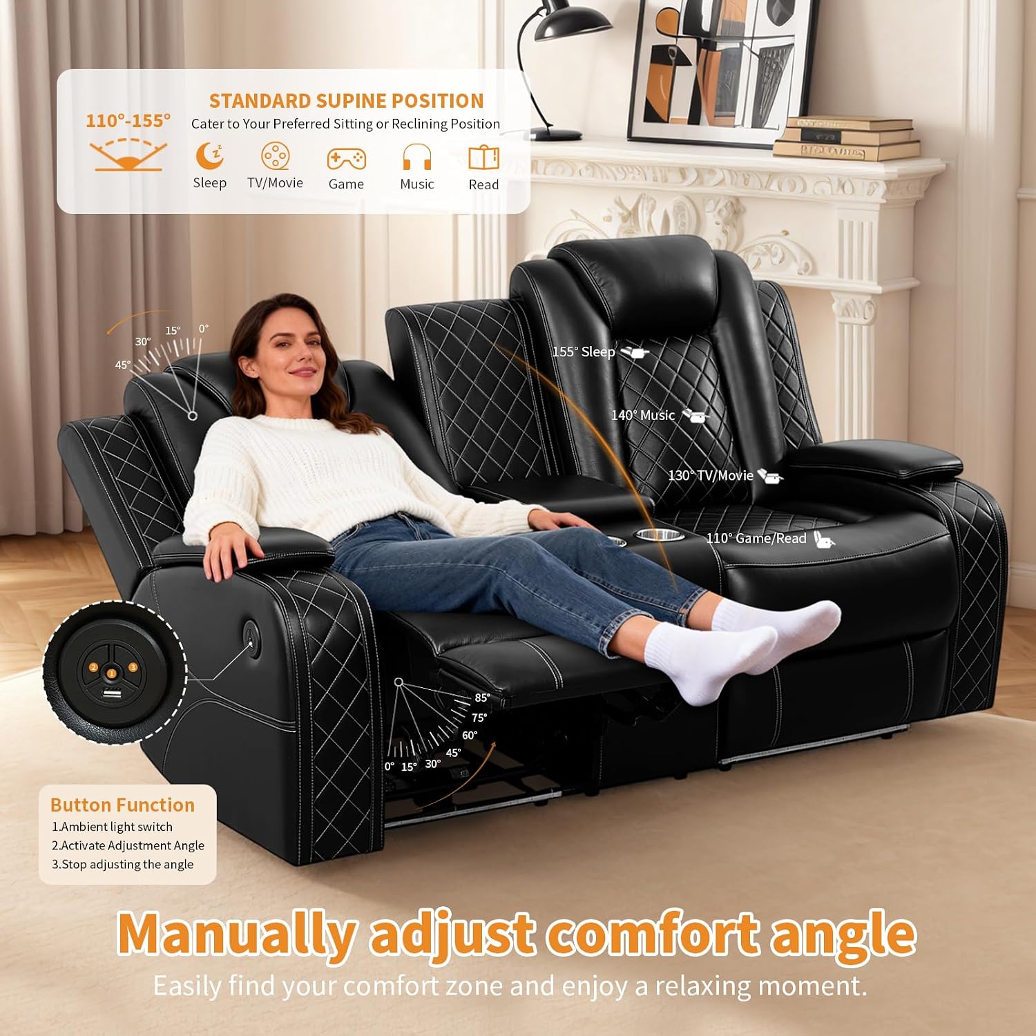 Recliner Loveseat Sofa Power Reclining Couch Movie RV Sofa with Flip-Down Console, Home Theater Seating with LED Lights,USB Ports，Leather Black