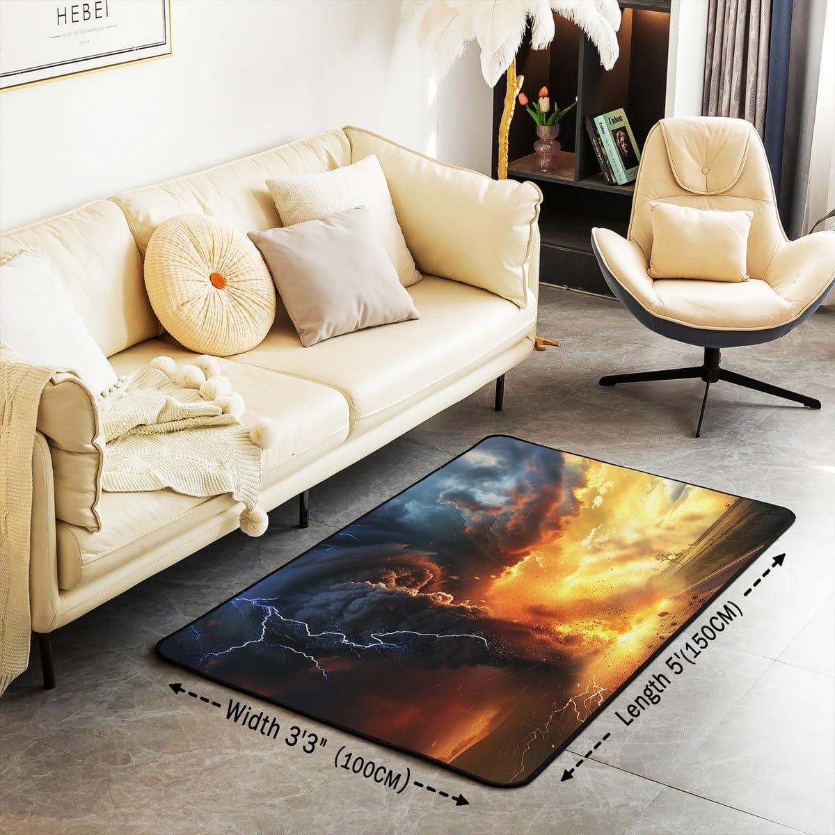 Manfei Tornado Indoor Rug 5x6'6'',Natural Disaster Burning Fire Flame Kids Adults Rugs for Home Decor,3D Lightning Gray Clouds Print Indoor Rug for Bedroom Playroom Bedside