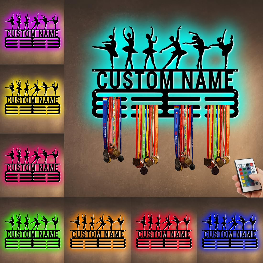Personalized Metal Dance Ballet Medal Hanger Holder Display Rack for Awards Ribbons With LED Light- Custom dancing Medal Holder for Wall,Dance Medal Hanger Display Award Rack With Boy Girl Kid's Name