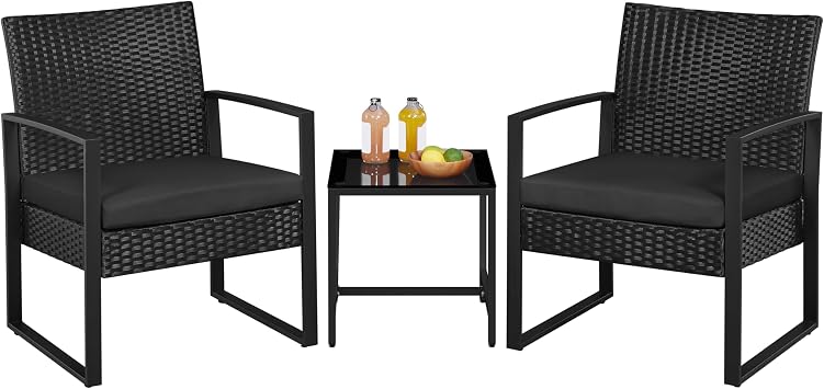 Yaheetech 3 Pieces Rattan Bistro Set, Indoor/Outdoor Wicker Patio Modern Conversation Furniture, 2 Chairs & Tempered Glass Coffee Table for Garden, Balcony, Backyard, Poolside, Black