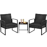 Yaheetech 3 Pieces Rattan Bistro Set, Indoor/Outdoor Wicker Patio Modern Conversation Furniture, 2 Chairs & Tempered Glass Coffee Table for Garden, Balcony, Backyard, Poolside, Black