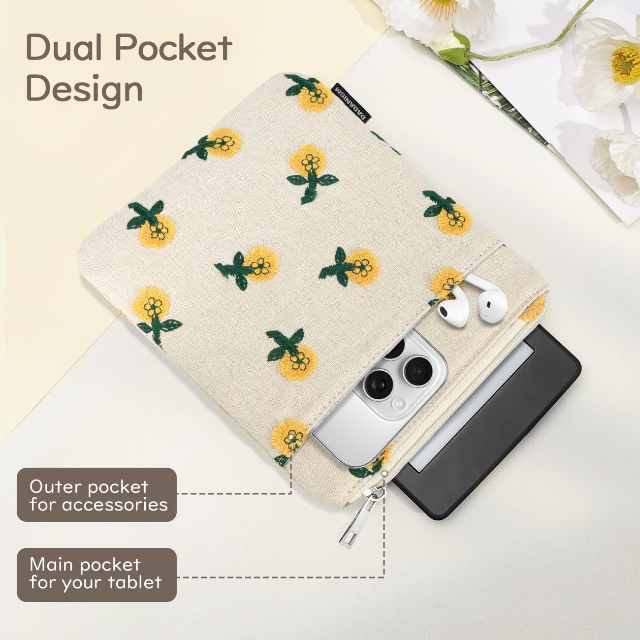 Dadanism 6-7 Inch Embroidered Padded Sleeve for eReader, Hemp Yellow Flower