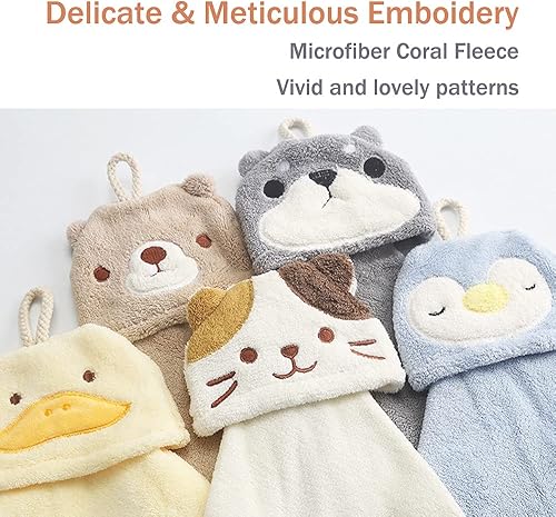 Miniatura 4 de Paquete de 5 bonitas toallas de mano, toallas de baño con lazo para colgar, toalla de mano para niños, animales, toalla de mano absorbente de vellón