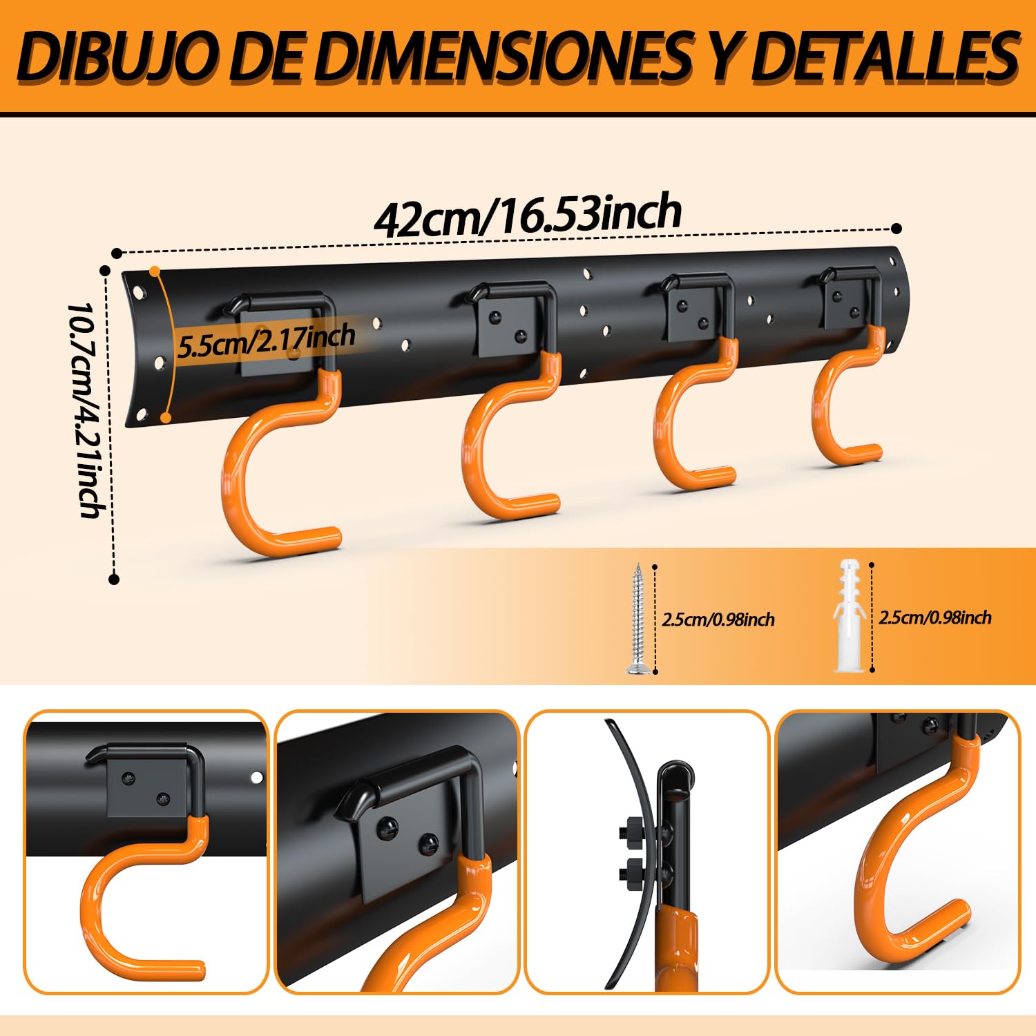 3-H Soporte Herramientas Pared 6x42cm,Organizador Herramientas Pared Acero Macizo Ajustable,Ganchos Garaje para Colgar Impermeable con 24 Ganchos para Herramientas Jardín Garaje Baño(252cm/99.21inch)