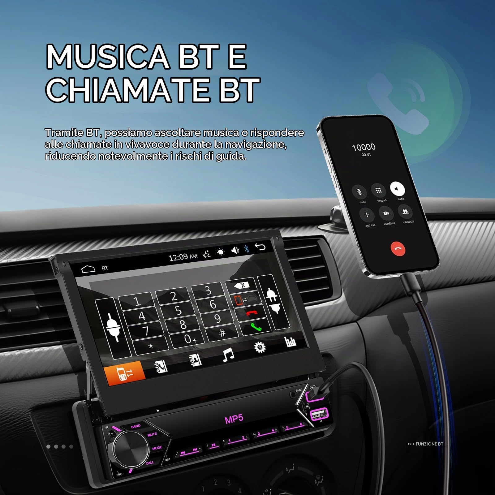 Autoradio 1 Din con Schermo Manuale Retrattile 7 Pollici Touch Bluetooth Mirror Link Cablato per iOS/Android - Controllo Volante, FM Radio e USB Type-C per Veicoli Standard