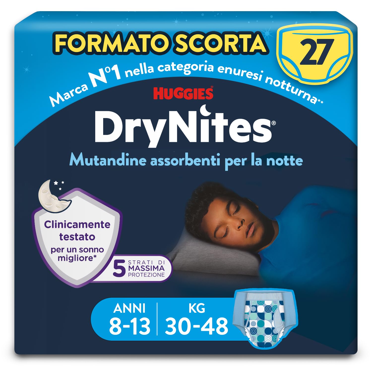 Huggies Drynites Pannolini, Taglia L (30-48 Kg), Mutandine assorbenti bambino, 8-13 anni, 27 Pz