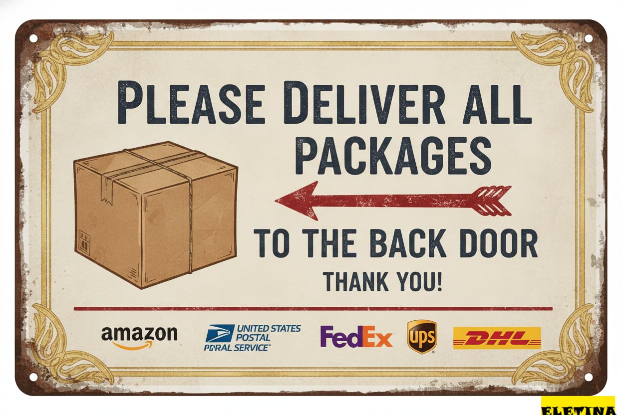 Personalized Sign for Man Cave Package Delivery Back Door Piease Deliver Packages To Back Door Outdoor Porch Package Delivery Metal Slogan 12x8 Inch Private Property Decorative