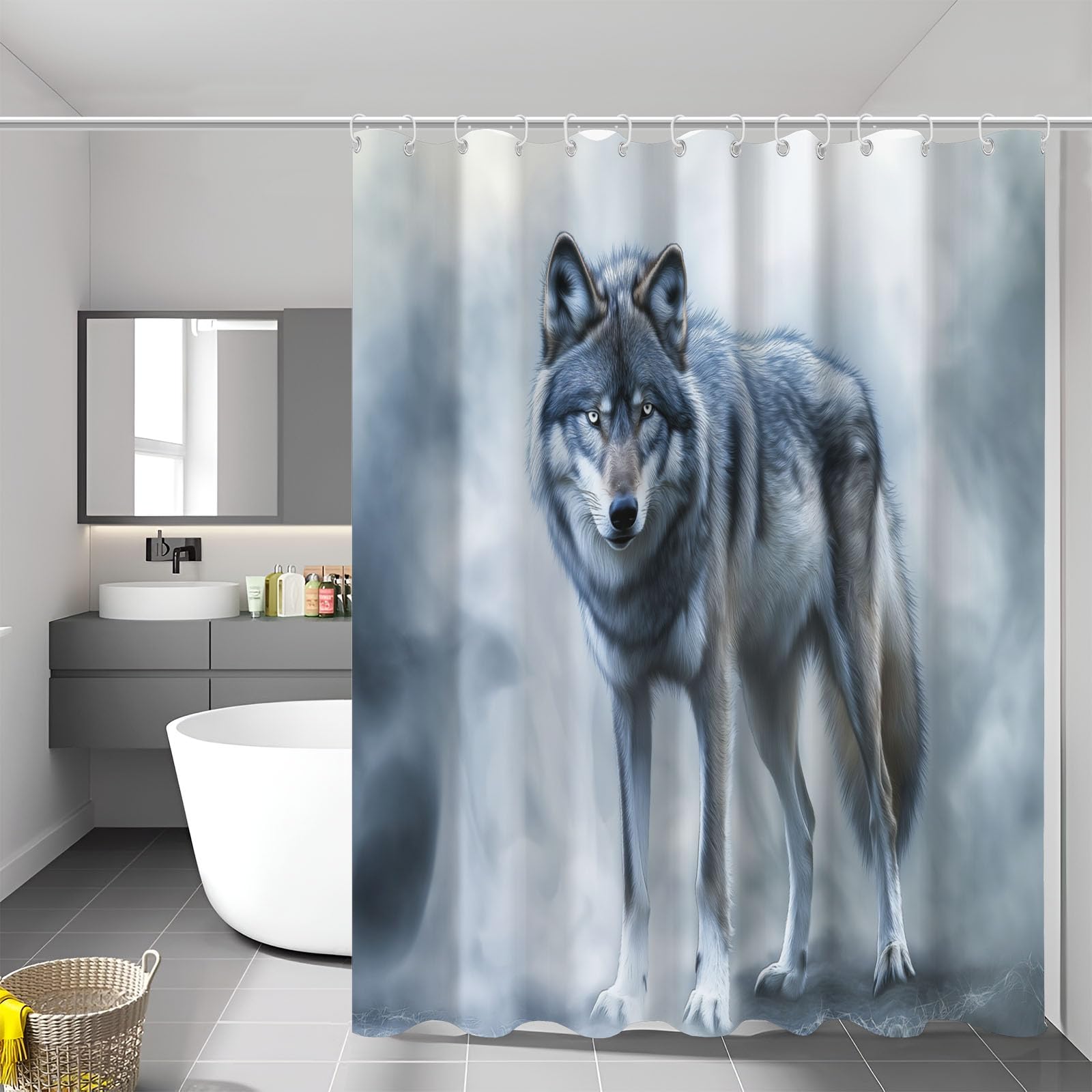 Rideaux de douche avec 12 crochets motif aquarelle animaux loup lavable 180x180