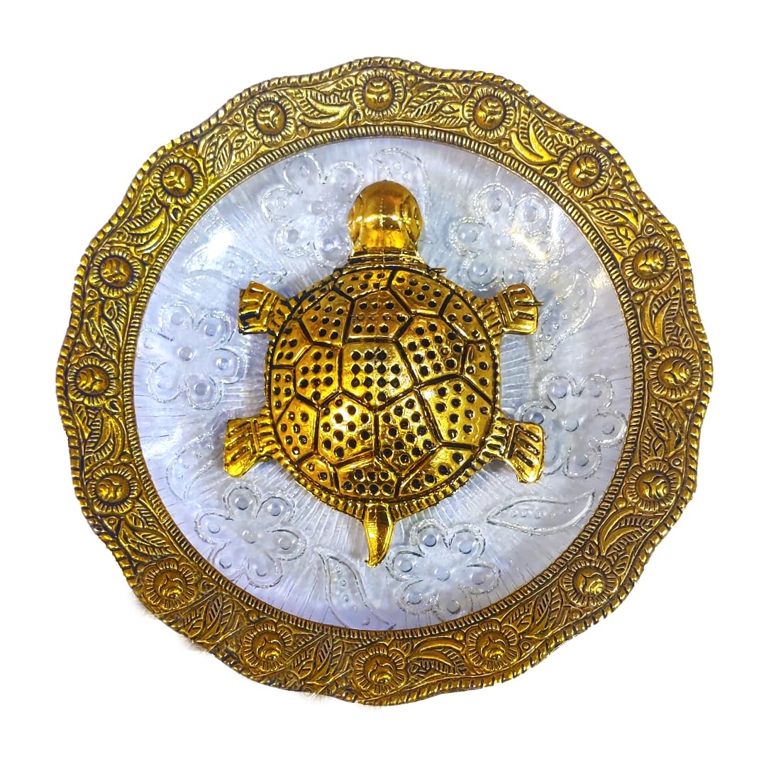 HOME GENIE Crystal Turtle for Feng Shui and Vastu | Good Luck Vastu Showpiece for Home, Office & Hotel | Decorative Turtle for Prosperity - Pack of 1 Golden Turtle (Kachua) on Glass Plate