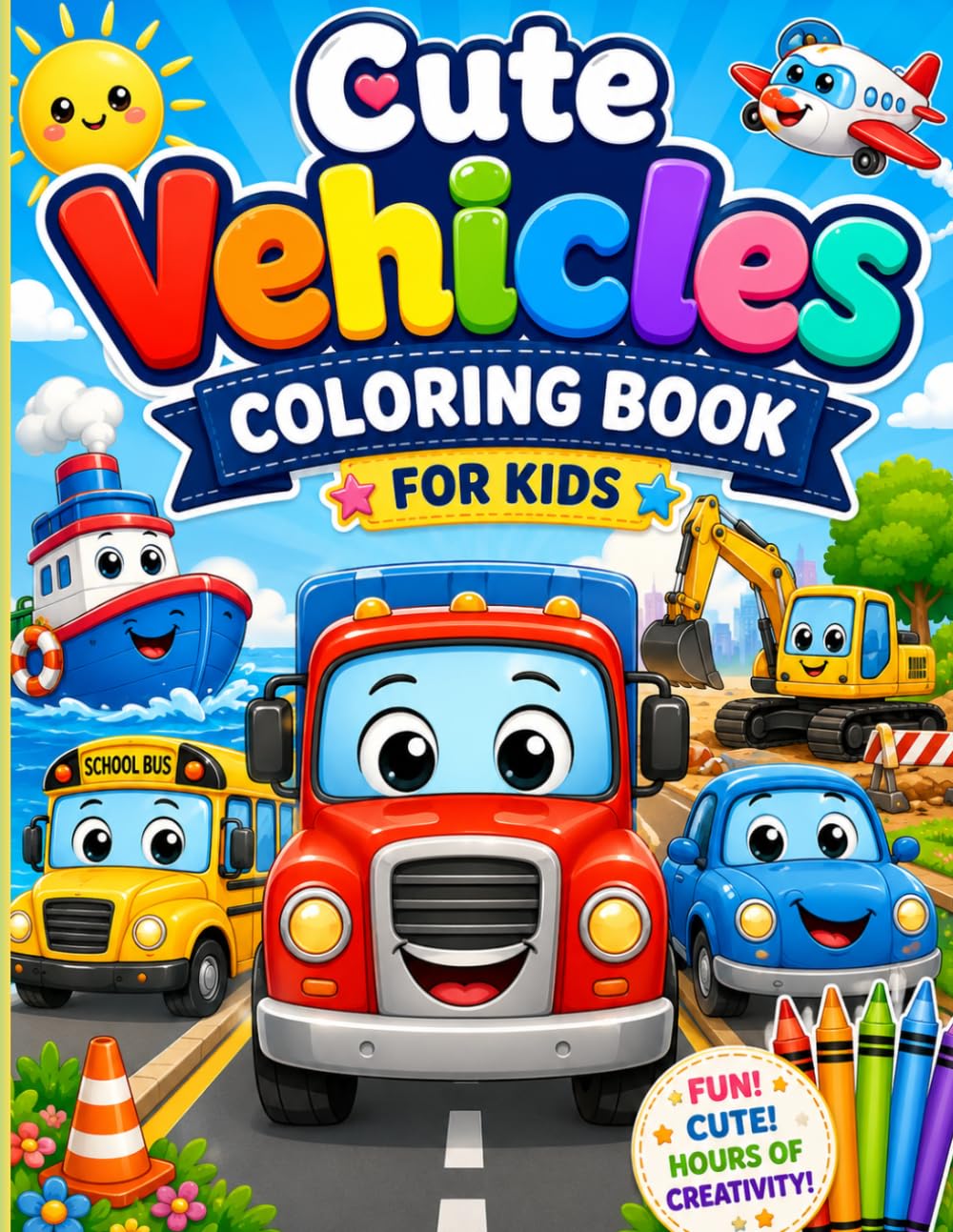 Cute Vehicles Coloring Book for Kids: Easy and Fun Transportation Pages: Simple and Fun Cars, Trucks & Vehicles Coloring Pages for Kids and Toddlers (Dabadoo Dodoon Coloring Books)