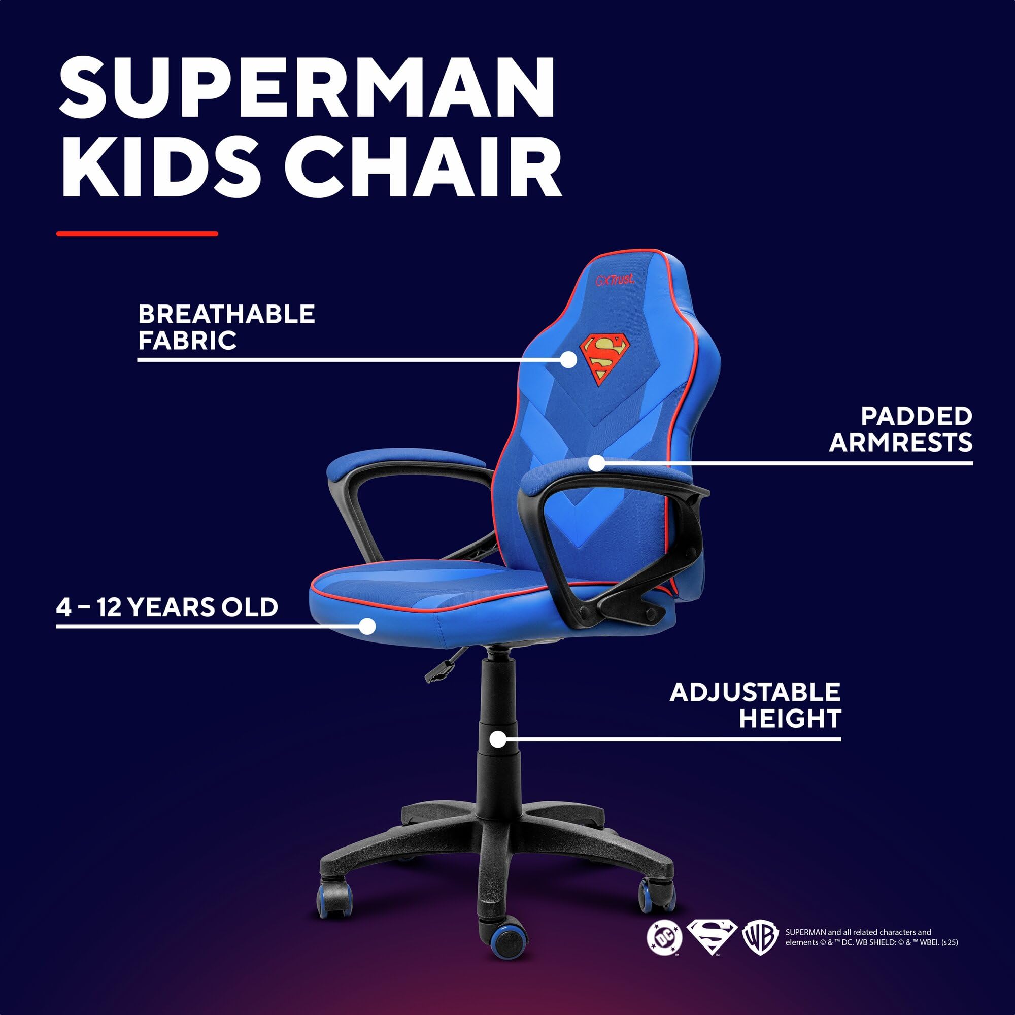 GXTrust 703SM Revvo Sedia Gaming con Licenza Superman per Bambini 4-12 Anni, Sedia da Gaming in Tessuto Regolabile in Altezza, Bracciolo Imbottito, Console di Gioco Supereroe Videogiochi, Blu