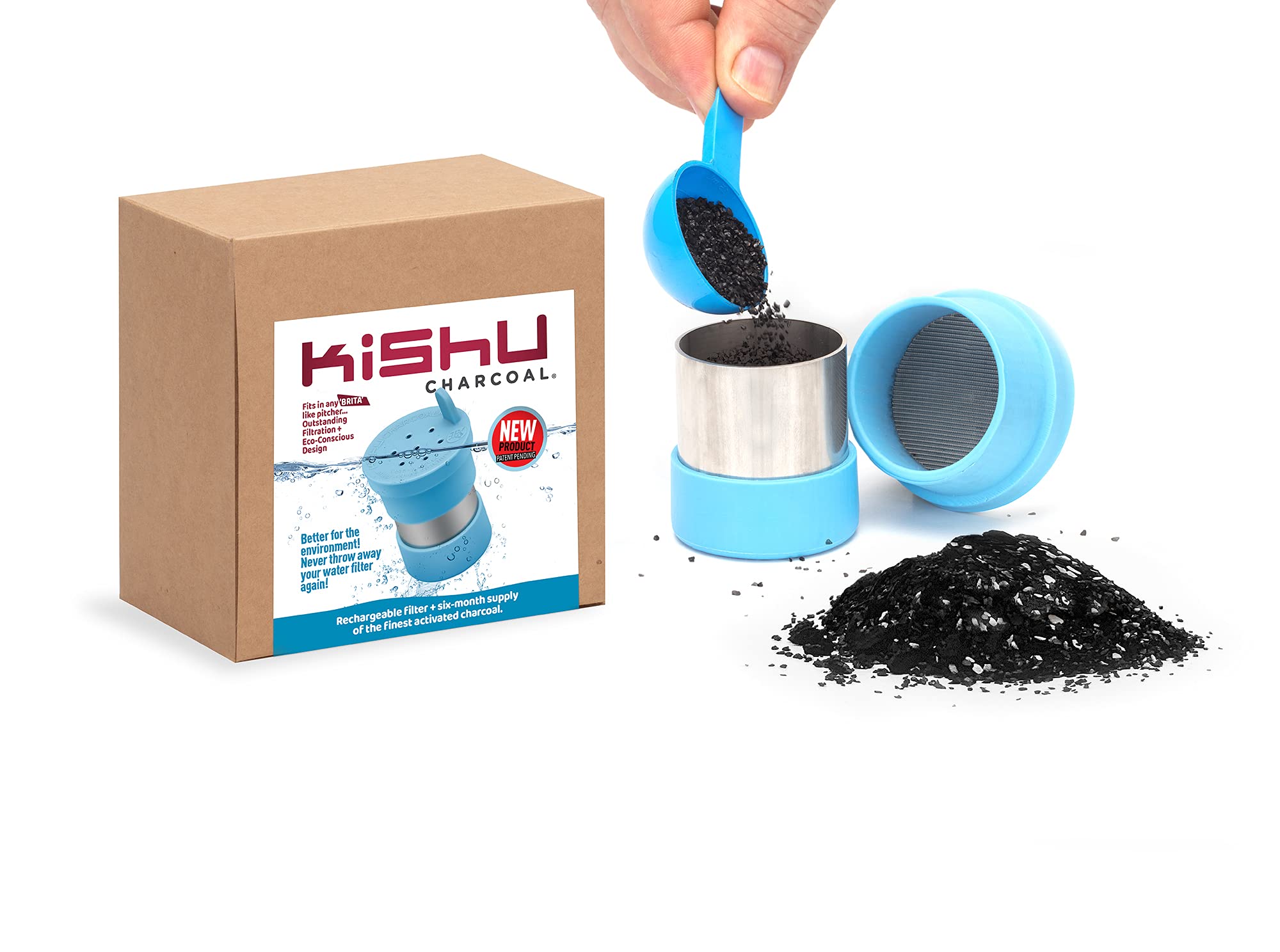 Kishu CharcoalReusable Water Filter for Brita-Style Pitcher & Dispenser - Activated Carbon for Brita Filter - Stainless Steel and Silicone Reusable Charcoal Filter with 6-Month Granules Supply