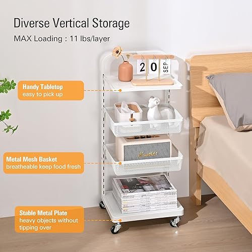 Miniatura 3 de TOOLF Carrito de almacenamiento con ruedas de 4 niveles, carrito de cocina ajustable, carrito de metal con ruedas, carrito organizador para pañales,